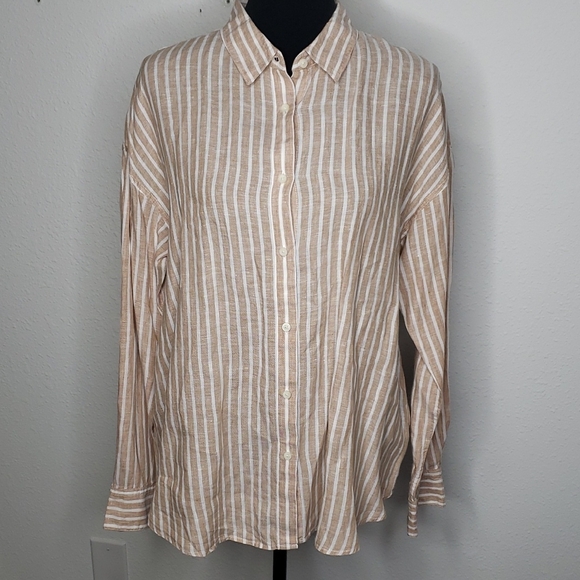Uniqlo Tops - Uniqlo 100% Linen Stripe Button Up Shirt Size L Layer Coastal Everyday